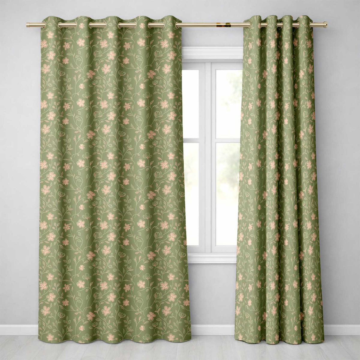 Vintage Olive Floral Vine Pattern with Soft Gold Detailed Flowers Seamless  Readymade Eyelet Ring Top Thermal 100% Blackout Curtains