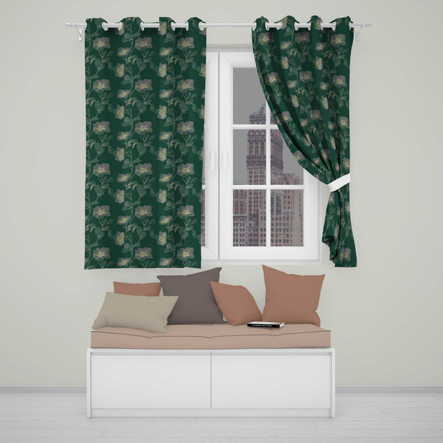 Elegant Deep Green Floral Pattern with Large Gold Line Art Blossoms Seamless  Readymade Eyelet Ring Top Thermal 100% Blackout Curtains