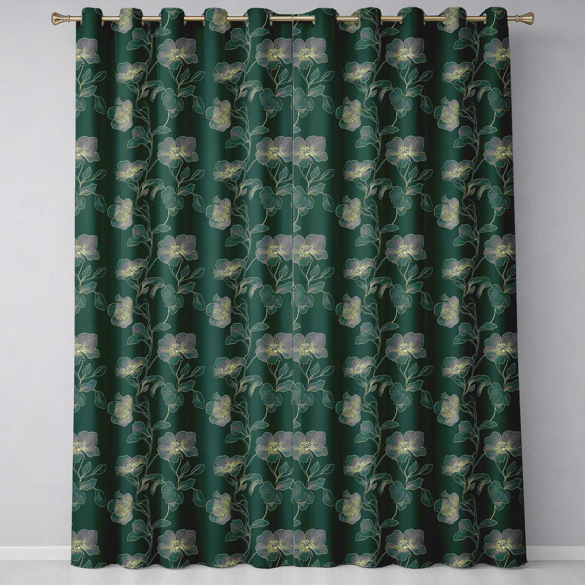 Elegant Deep Green Floral Pattern with Large Gold Line Art Blossoms Seamless  Readymade Eyelet Ring Top Thermal 100% Blackout Curtains