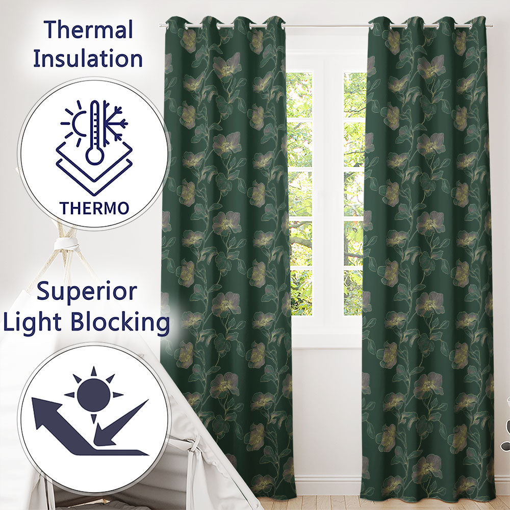Elegant Deep Green Floral Pattern with Large Gold Line Art Blossoms Seamless  Readymade Eyelet Ring Top Thermal 100% Blackout Curtains