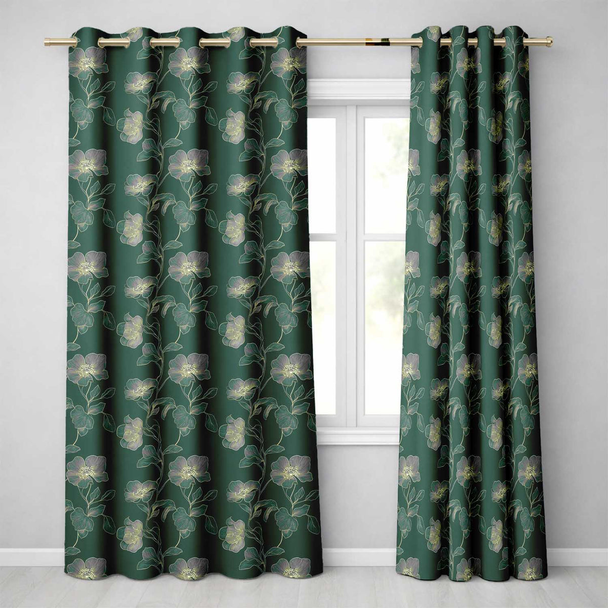 Elegant Deep Green Floral Pattern with Large Gold Line Art Blossoms Seamless  Readymade Eyelet Ring Top Thermal 100% Blackout Curtains