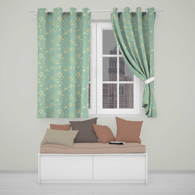 Refined Teal Botanical Pattern with Flowing Gold Floral Line Art Seamless  Readymade Eyelet Ring Top Thermal 100% Blackout Curtains