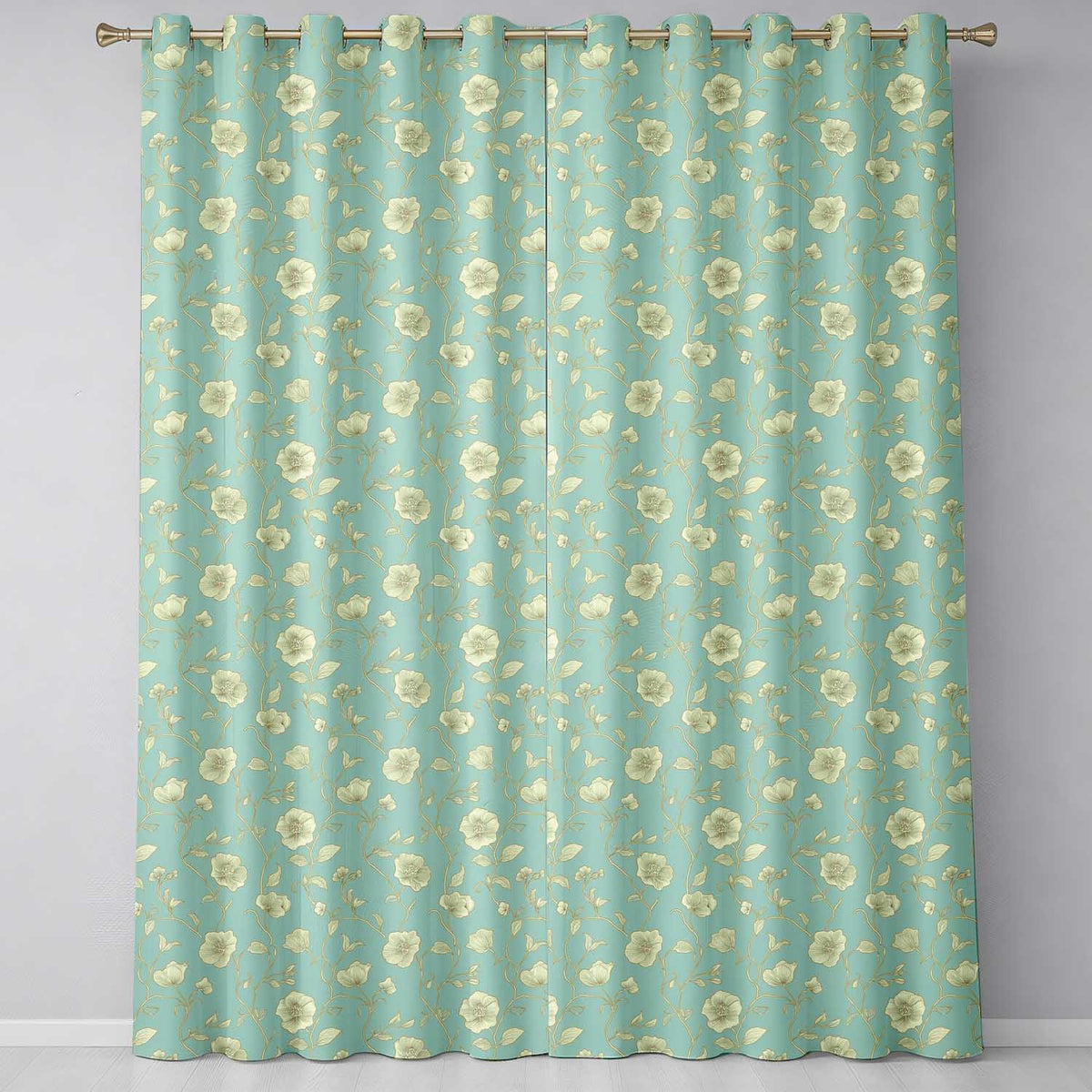 Refined Teal Botanical Pattern with Flowing Gold Floral Line Art Seamless  Readymade Eyelet Ring Top Thermal 100% Blackout Curtains