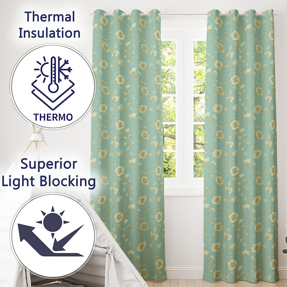 Refined Teal Botanical Pattern with Flowing Gold Floral Line Art Seamless  Readymade Eyelet Ring Top Thermal 100% Blackout Curtains