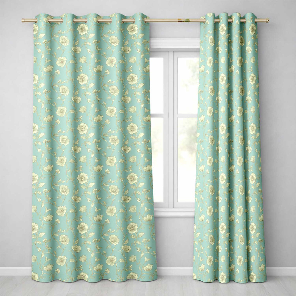 Refined Teal Botanical Pattern with Flowing Gold Floral Line Art Seamless  Readymade Eyelet Ring Top Thermal 100% Blackout Curtains