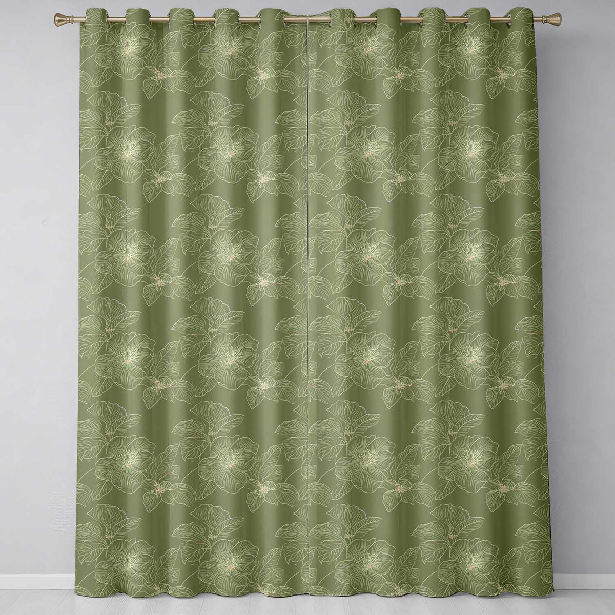 Muted Olive Green Floral Pattern with Elegant Gold Outline Blossoms Seamless  Readymade Eyelet Ring Top Thermal 100% Blackout Curtains
