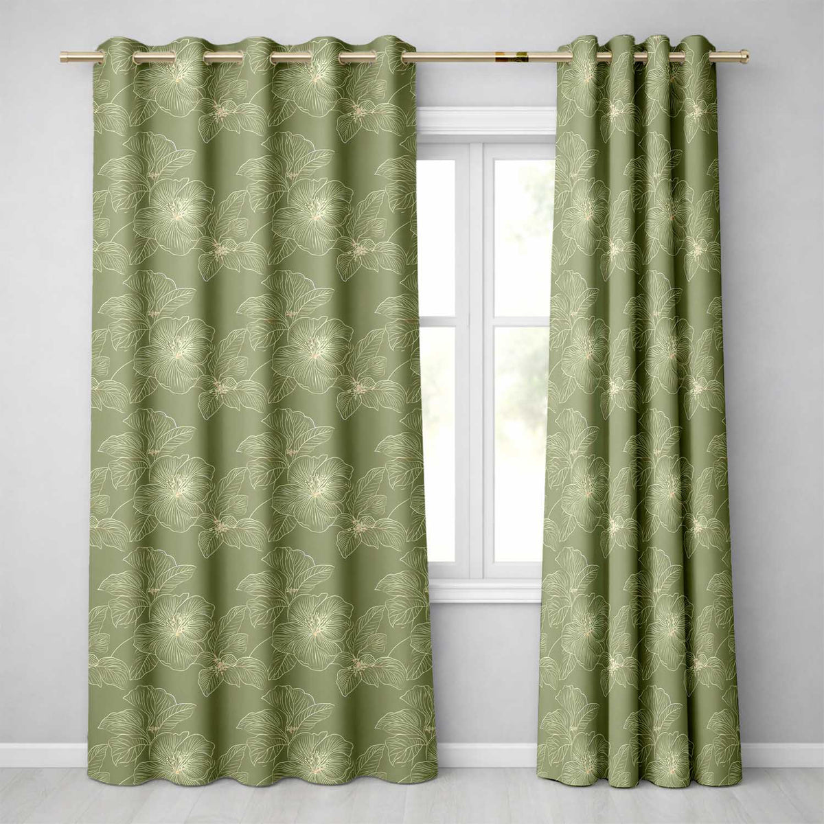 Muted Olive Green Floral Pattern with Elegant Gold Outline Blossoms Seamless  Readymade Eyelet Ring Top Thermal 100% Blackout Curtains