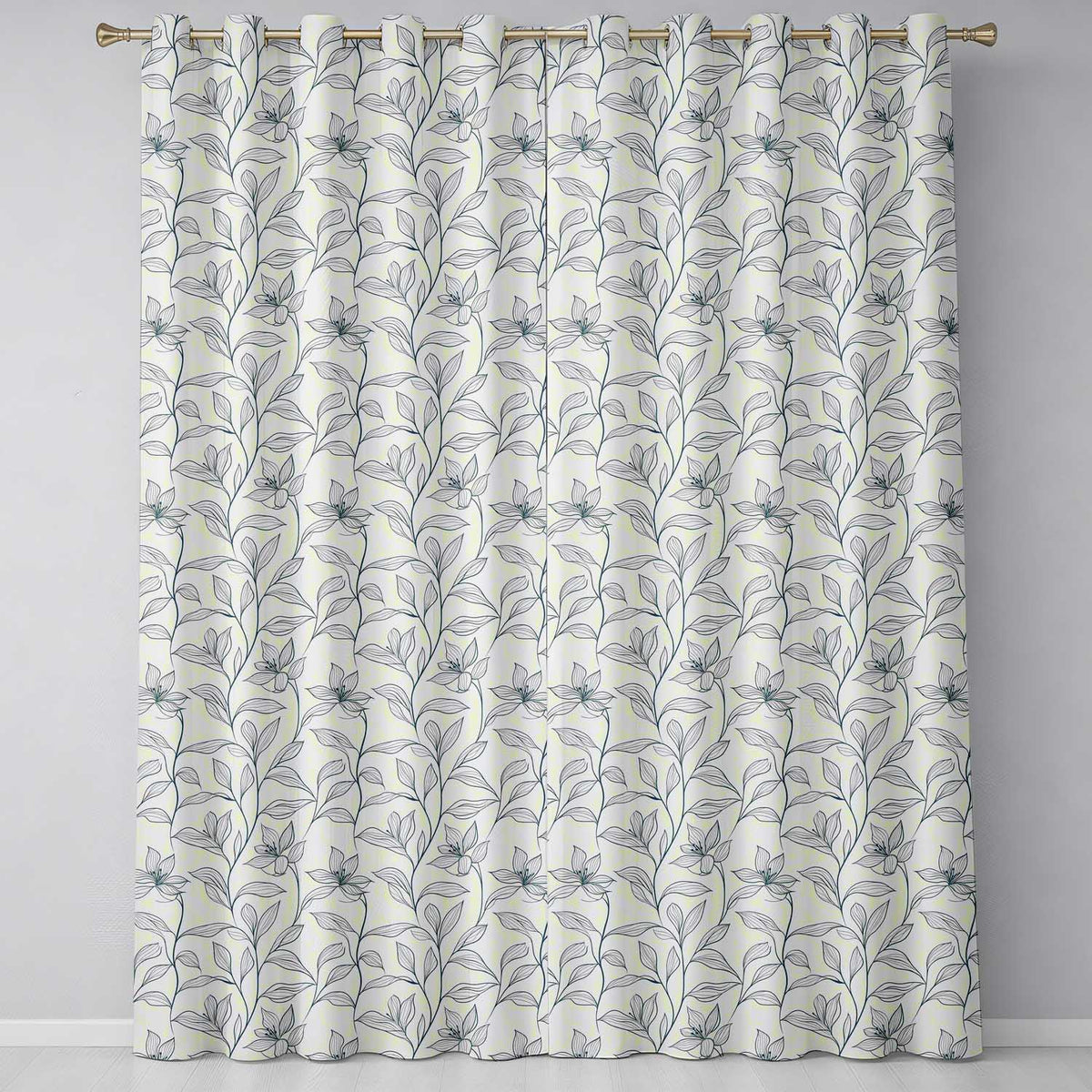 Elegant Beige Botanical Line Art Leaves Pattern with Floral Stems Seamless  Readymade Eyelet Ring Top Thermal 100% Blackout Curtains