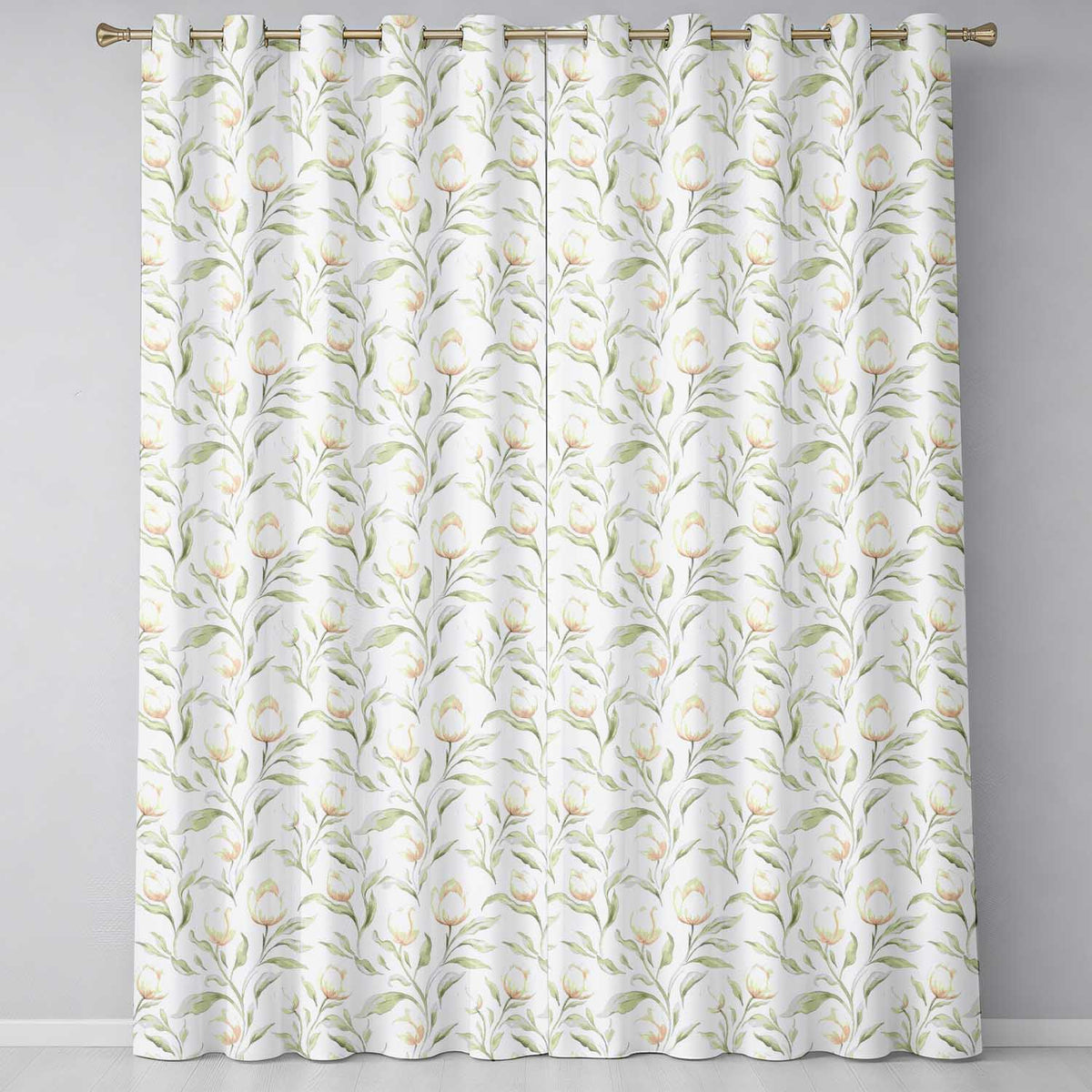 Elegant White Blossom Floral Pattern with Soft Green Leaves Seamless Botanical  Readymade Eyelet Ring Top Thermal 100% Blackout Curtains