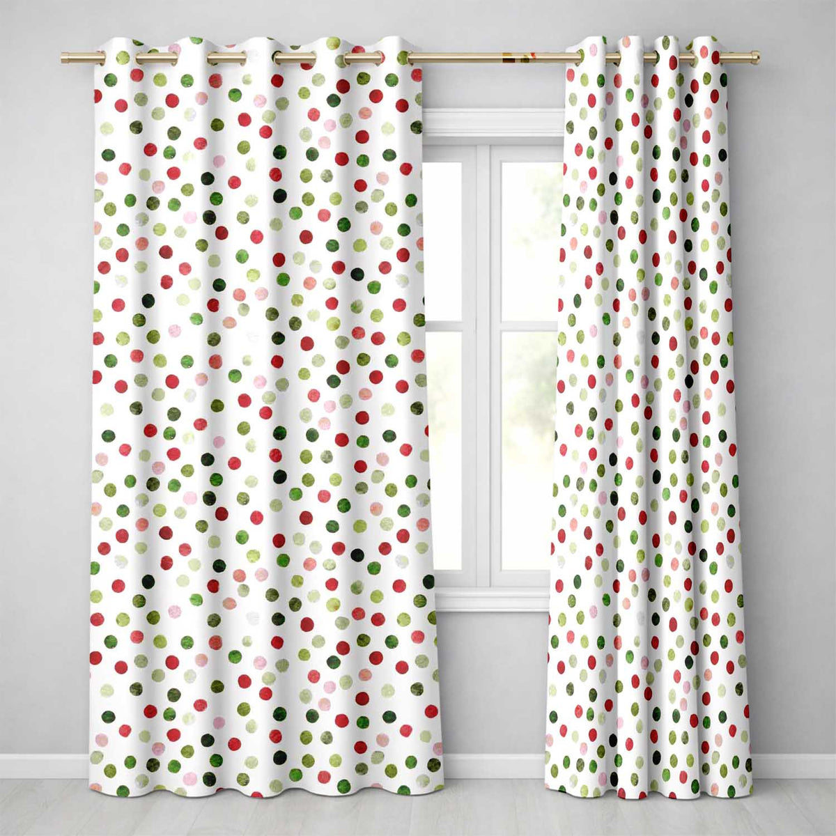 Festive Red Green Watercolor Polka Dot Seamless Pattern Christmas  Design  Readymade Eyelet Ring Top Thermal 100% Blackout Curtains