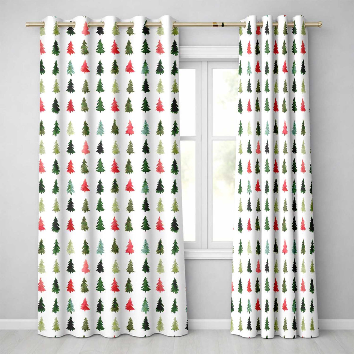 Watercolor Christmas Tree Pattern in Red and Green Festive Seamless Design  Readymade Eyelet Ring Top Thermal 100% Blackout Curtains