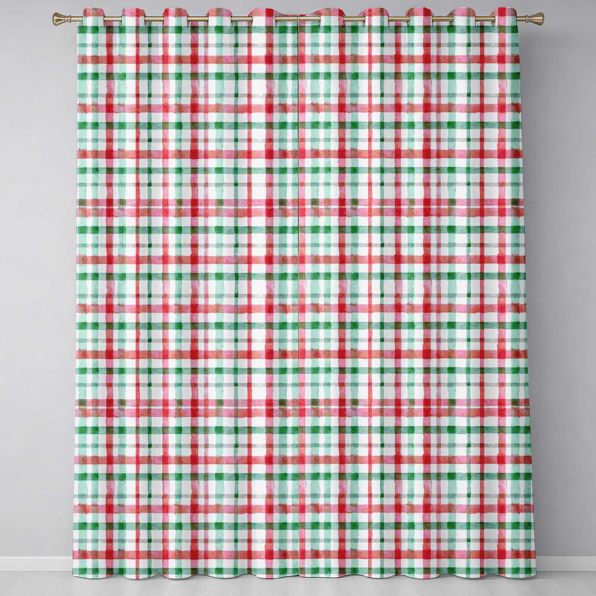 Classic Red Green Plaid Tartan Watercolor  Pattern Festive  Design  Readymade Eyelet Ring Top Thermal 100% Blackout Curtains