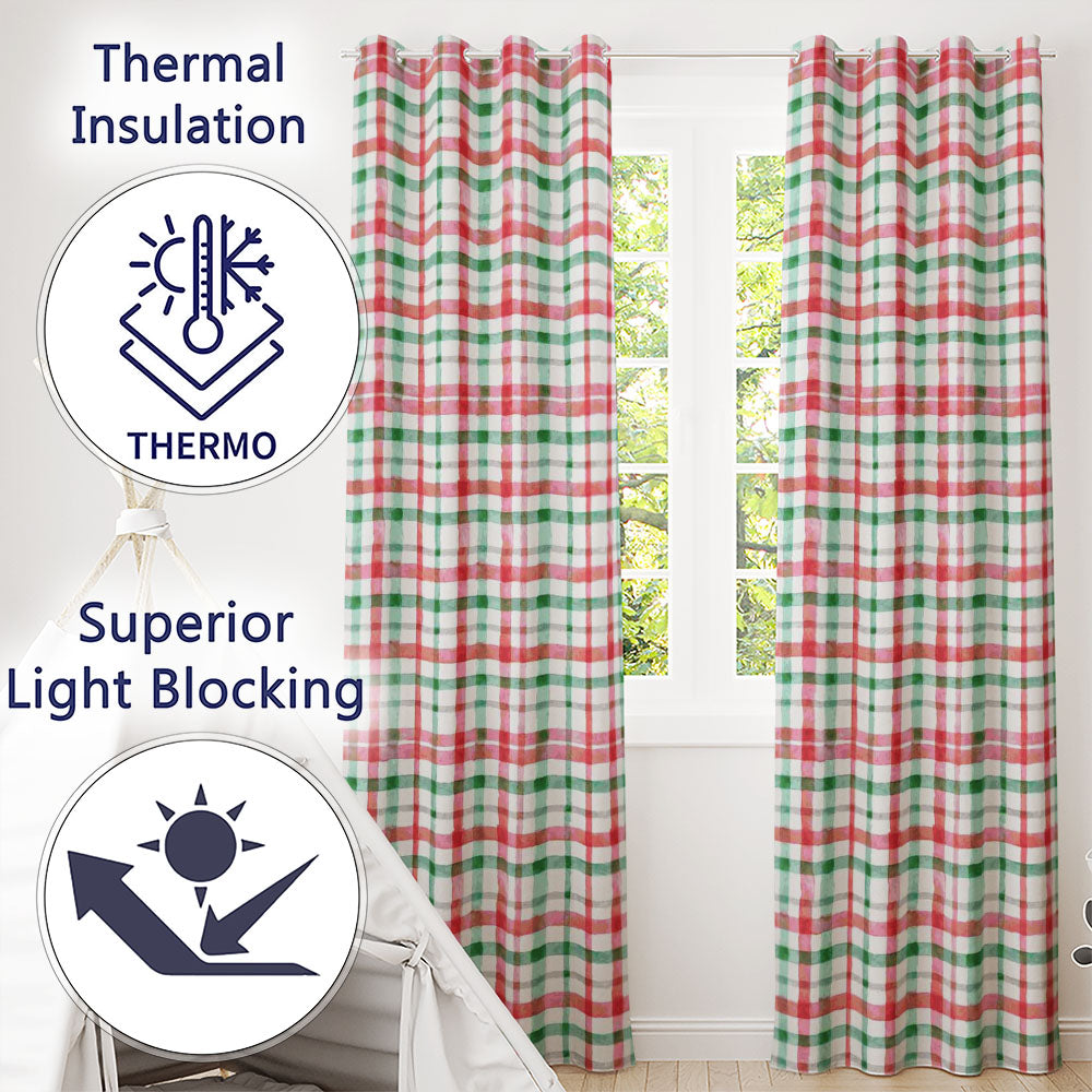 Classic Red Green Plaid Tartan Watercolor  Pattern Festive  Design  Readymade Eyelet Ring Top Thermal 100% Blackout Curtains