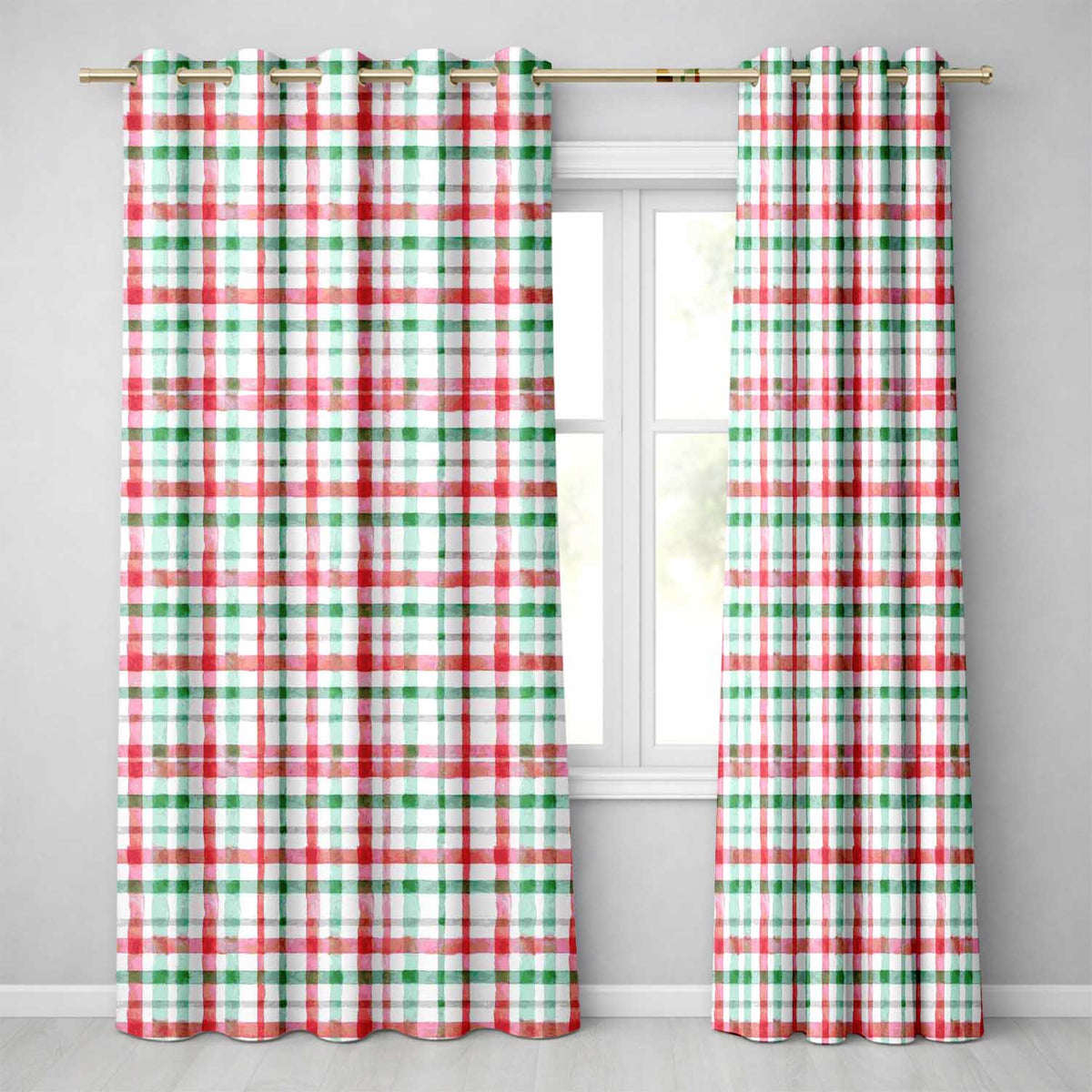 Classic Red Green Plaid Tartan Watercolor  Pattern Festive  Design  Readymade Eyelet Ring Top Thermal 100% Blackout Curtains