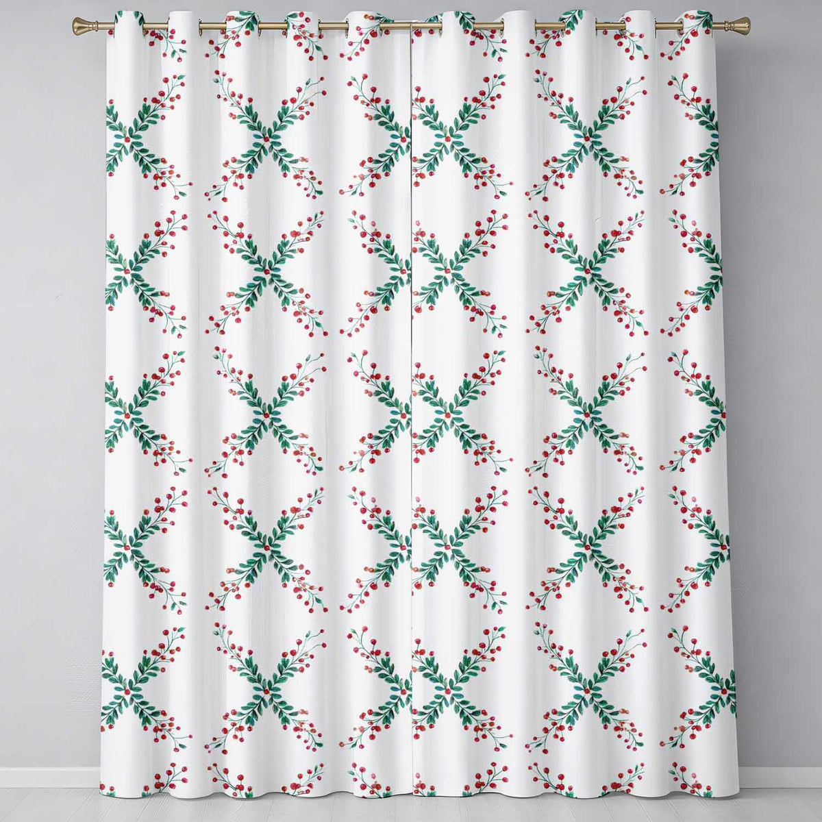Watercolor Christmas Holly Berry Wreath  Pattern Festive Winter Botanical  Readymade Eyelet Ring Top Thermal 100% Blackout Curtains