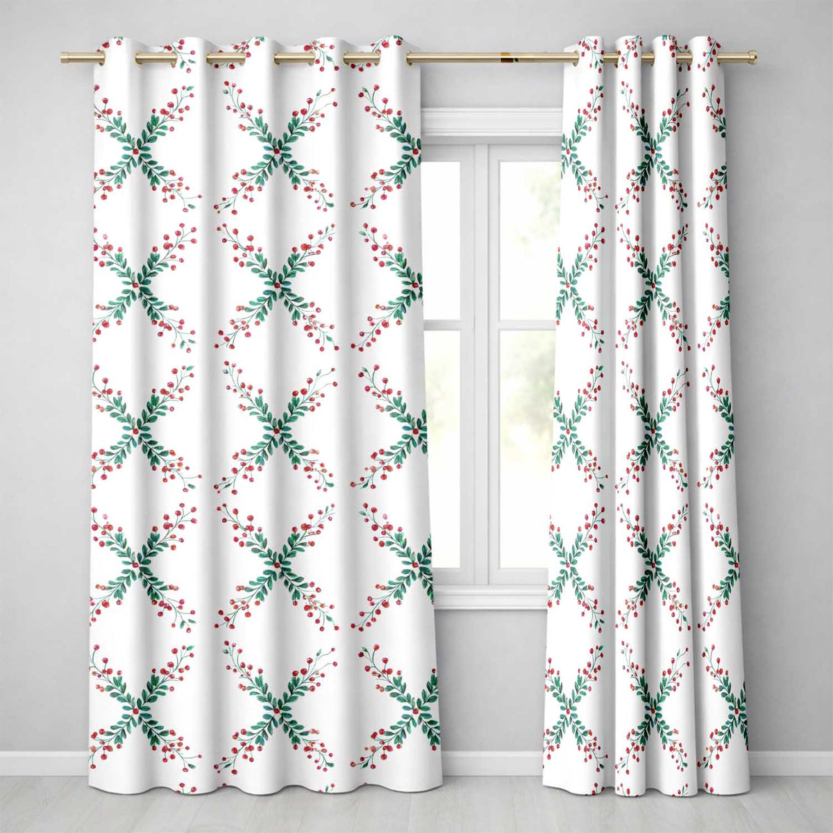 Watercolor Christmas Holly Berry Wreath  Pattern Festive Winter Botanical  Readymade Eyelet Ring Top Thermal 100% Blackout Curtains
