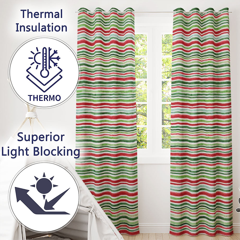 Hand Painted Red Green Horizontal Stripe  Pattern Christmas  Design  Readymade Eyelet Ring Top Thermal 100% Blackout Curtains