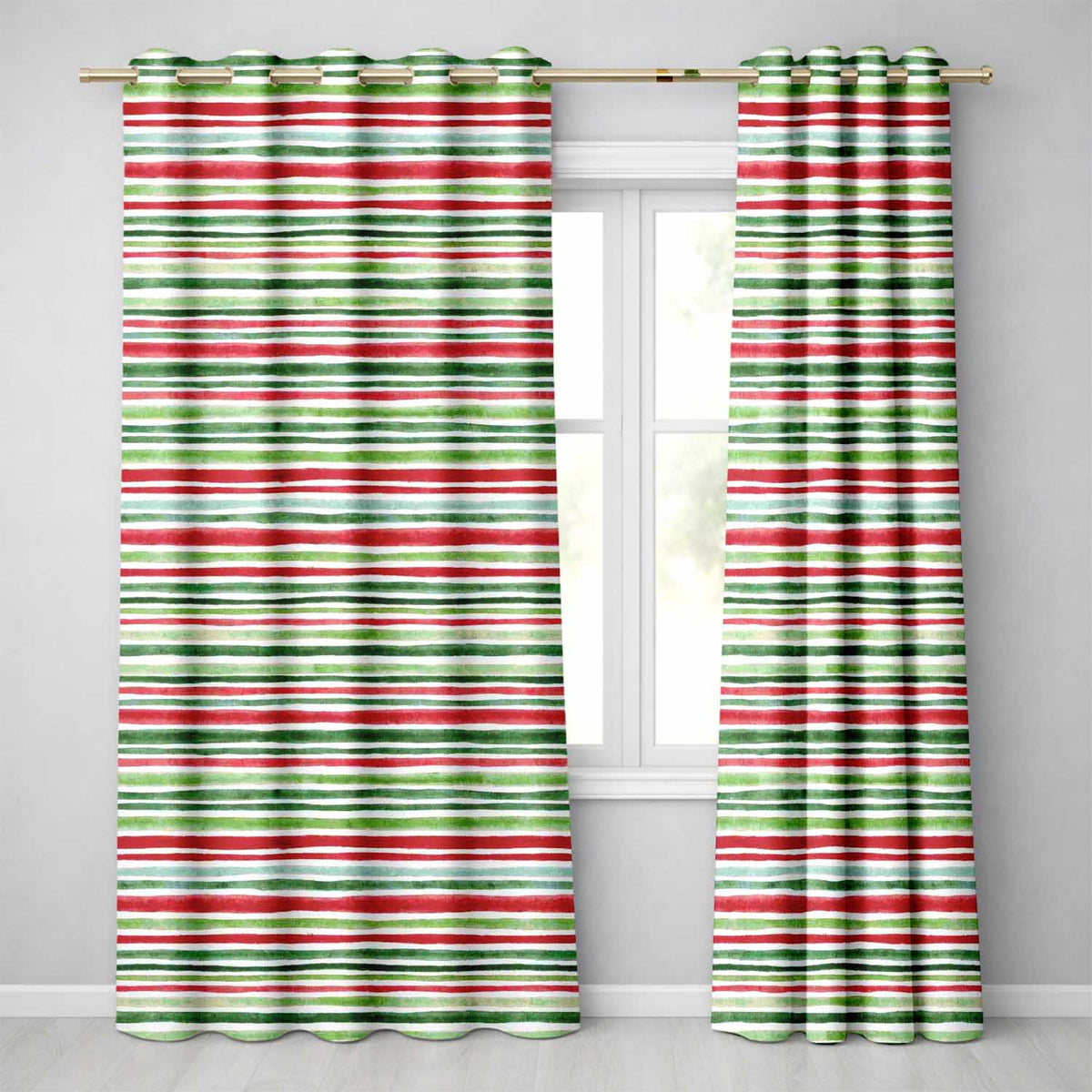 Hand Painted Red Green Horizontal Stripe  Pattern Christmas  Design  Readymade Eyelet Ring Top Thermal 100% Blackout Curtains