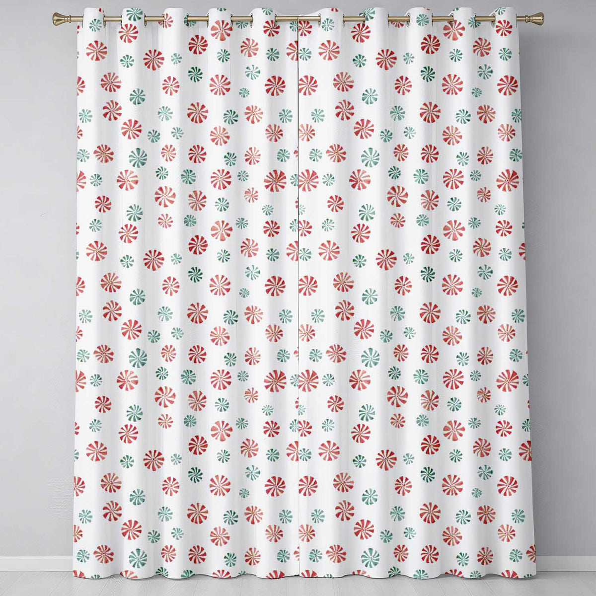 Festive Candy Swirl Red and Green Peppermint Seamless Pattern Christmas Design  Readymade Eyelet Ring Top Thermal 100% Blackout Curtains