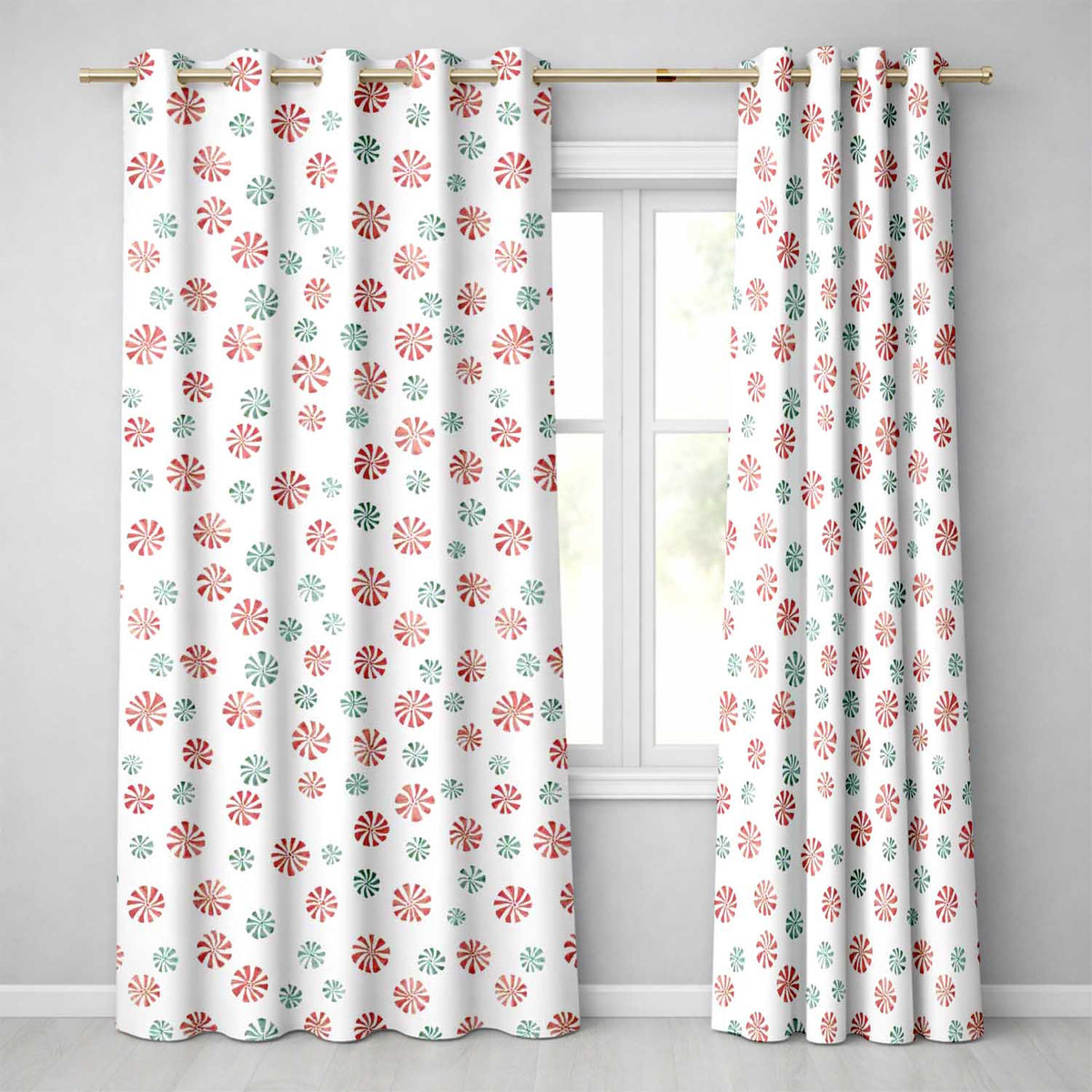 Festive Candy Swirl Red and Green Peppermint Seamless Pattern Christmas Design  Readymade Eyelet Ring Top Thermal 100% Blackout Curtains