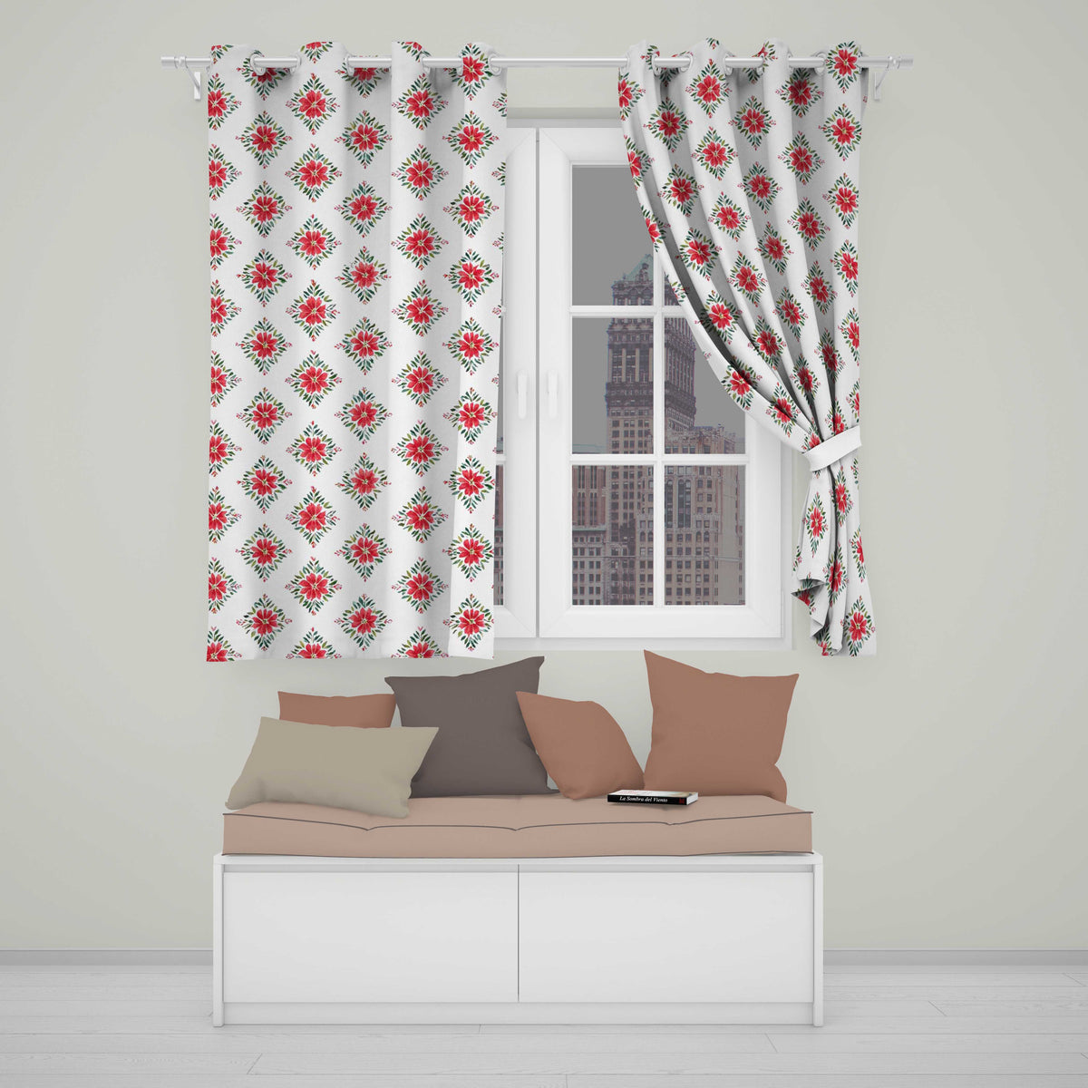 Watercolor Poinsettia Floral Christmas Seamless Pattern with Greenery Accents  Readymade Eyelet Ring Top Thermal 100% Blackout Curtains