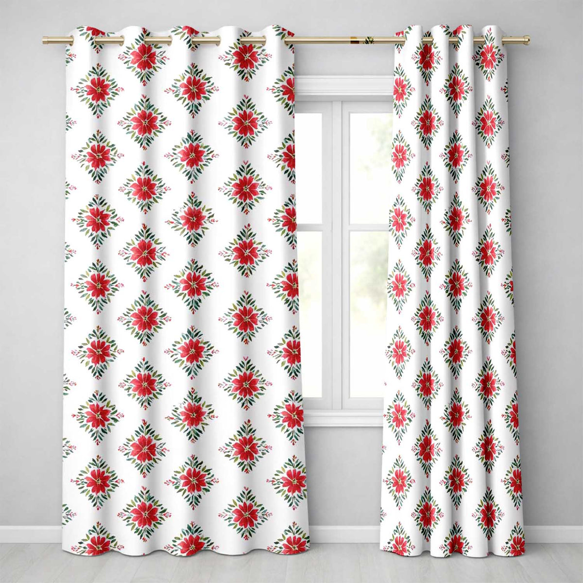 Watercolor Poinsettia Floral Christmas Seamless Pattern with Greenery Accents  Readymade Eyelet Ring Top Thermal 100% Blackout Curtains
