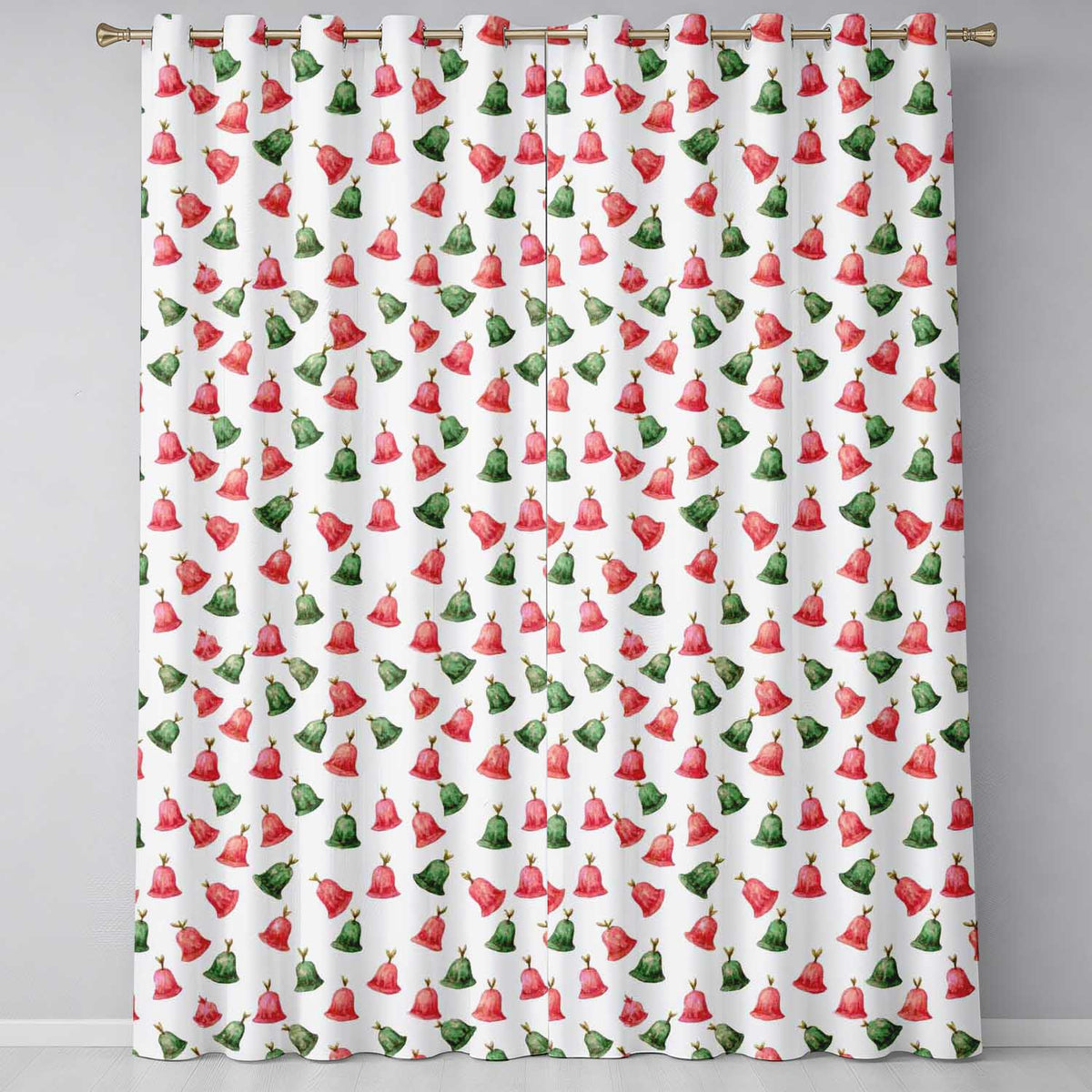 Cute Red and Green Christmas Bells Watercolor  Pattern Festive Holiday Design  Readymade Eyelet Ring Top Thermal 100% Blackout Curtains
