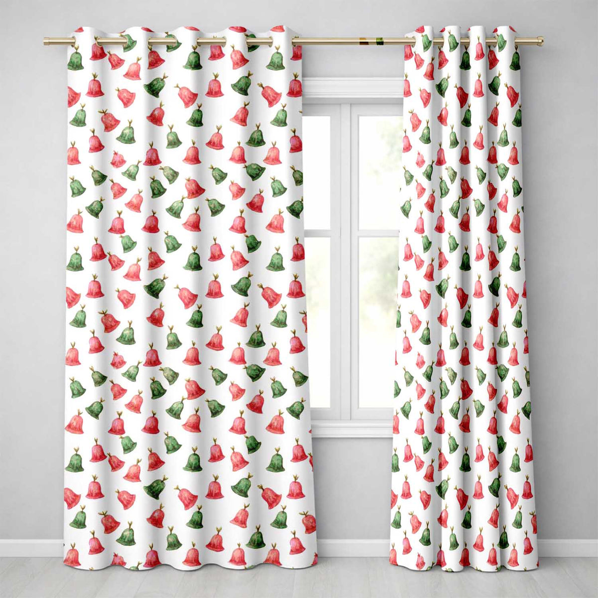 Cute Red and Green Christmas Bells Watercolor  Pattern Festive Holiday Design  Readymade Eyelet Ring Top Thermal 100% Blackout Curtains