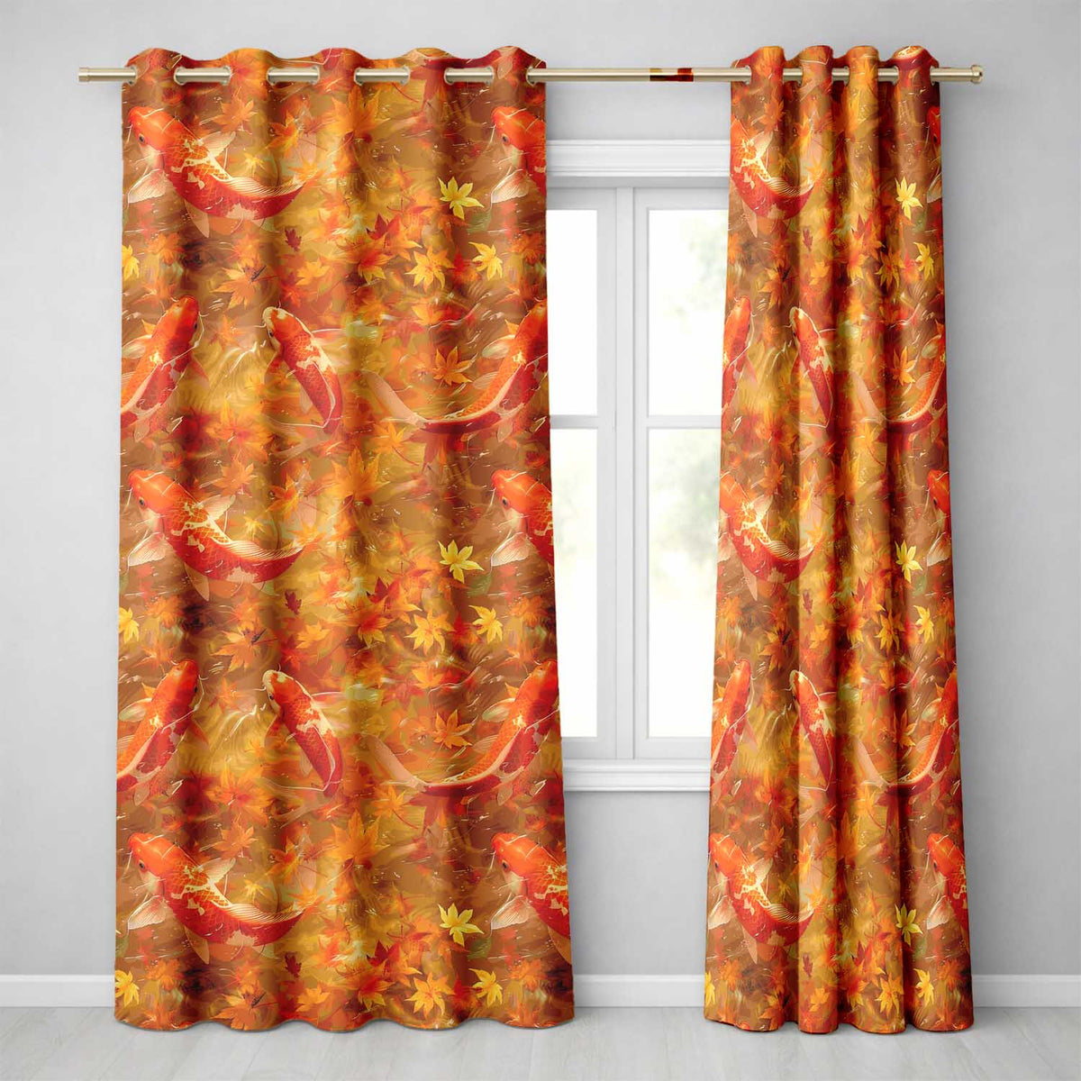 Autumn Koi Fish with Golden Maple Leaves  Pattern Warm Watercolor Nature Design  Readymade Eyelet Ring Top Thermal 100% Blackout Curtains