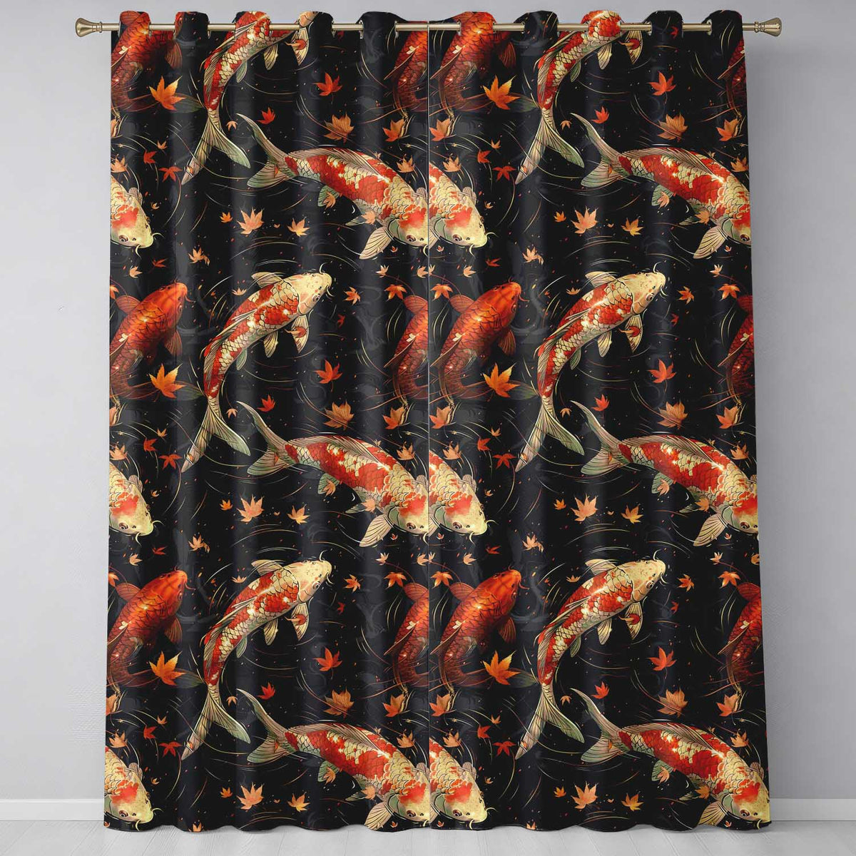 Elegant Koi Fish Swimming on Dark Water with Falling Leaves Japanese Style  Readymade Eyelet Ring Top Thermal 100% Blackout Curtains