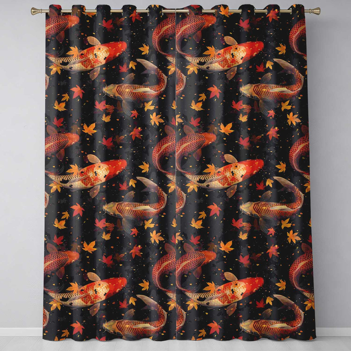 Dark Autumn Pond Koi Fish and Falling Maple Leaves Pattern Rich Seasonal Design  Readymade Eyelet Ring Top Thermal 100% Blackout Curtains