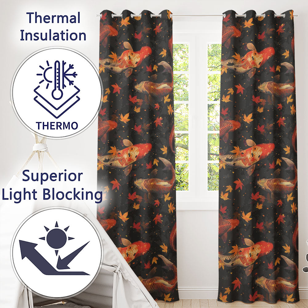 Dark Autumn Pond Koi Fish and Falling Maple Leaves Pattern Rich Seasonal Design  Readymade Eyelet Ring Top Thermal 100% Blackout Curtains