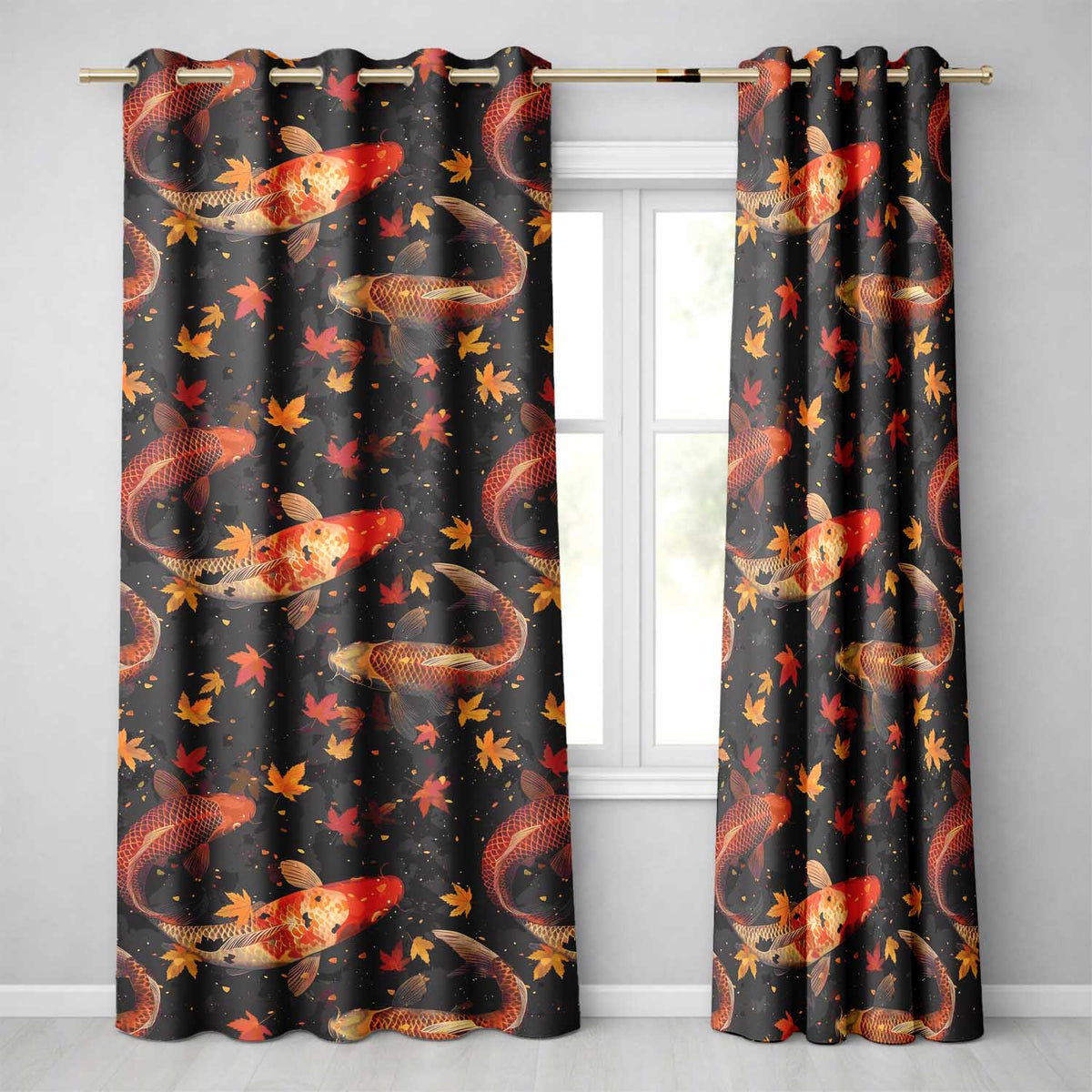 Dark Autumn Pond Koi Fish and Falling Maple Leaves Pattern Rich Seasonal Design  Readymade Eyelet Ring Top Thermal 100% Blackout Curtains
