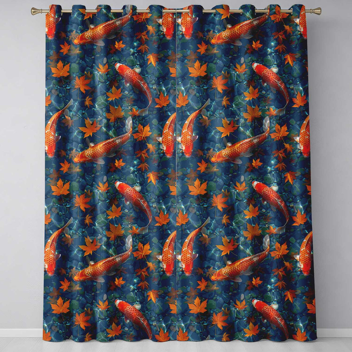 Koi Fish in Clear Blue Water with Autumn Leaves Pattern Nature Inspired  Readymade Eyelet Ring Top Thermal 100% Blackout Curtains