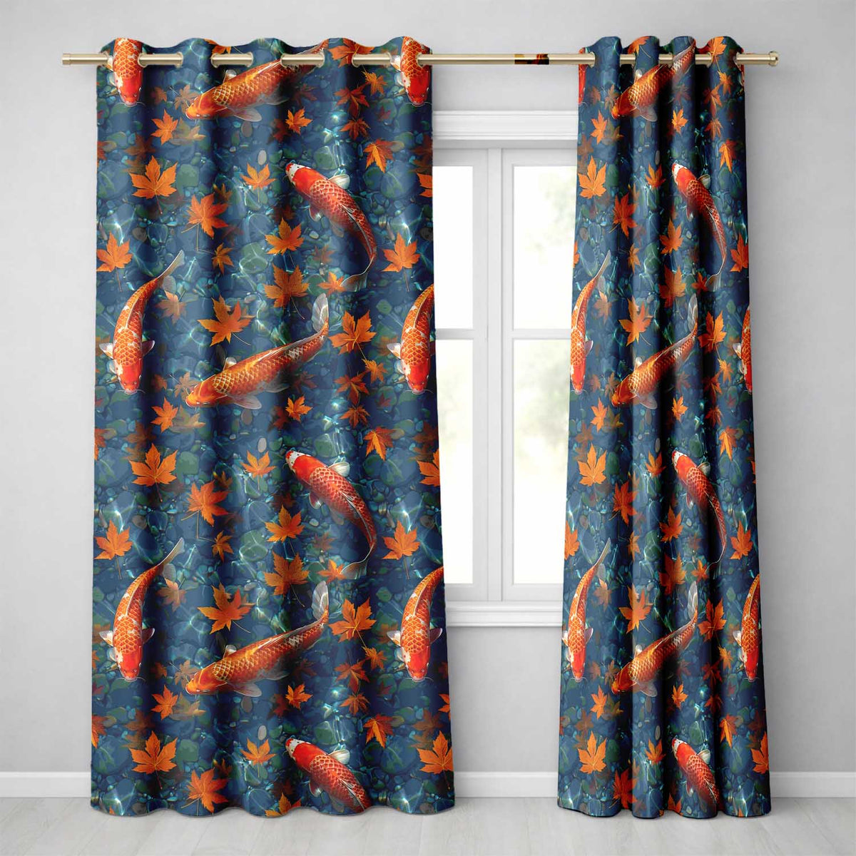 Koi Fish in Clear Blue Water with Autumn Leaves Pattern Nature Inspired  Readymade Eyelet Ring Top Thermal 100% Blackout Curtains
