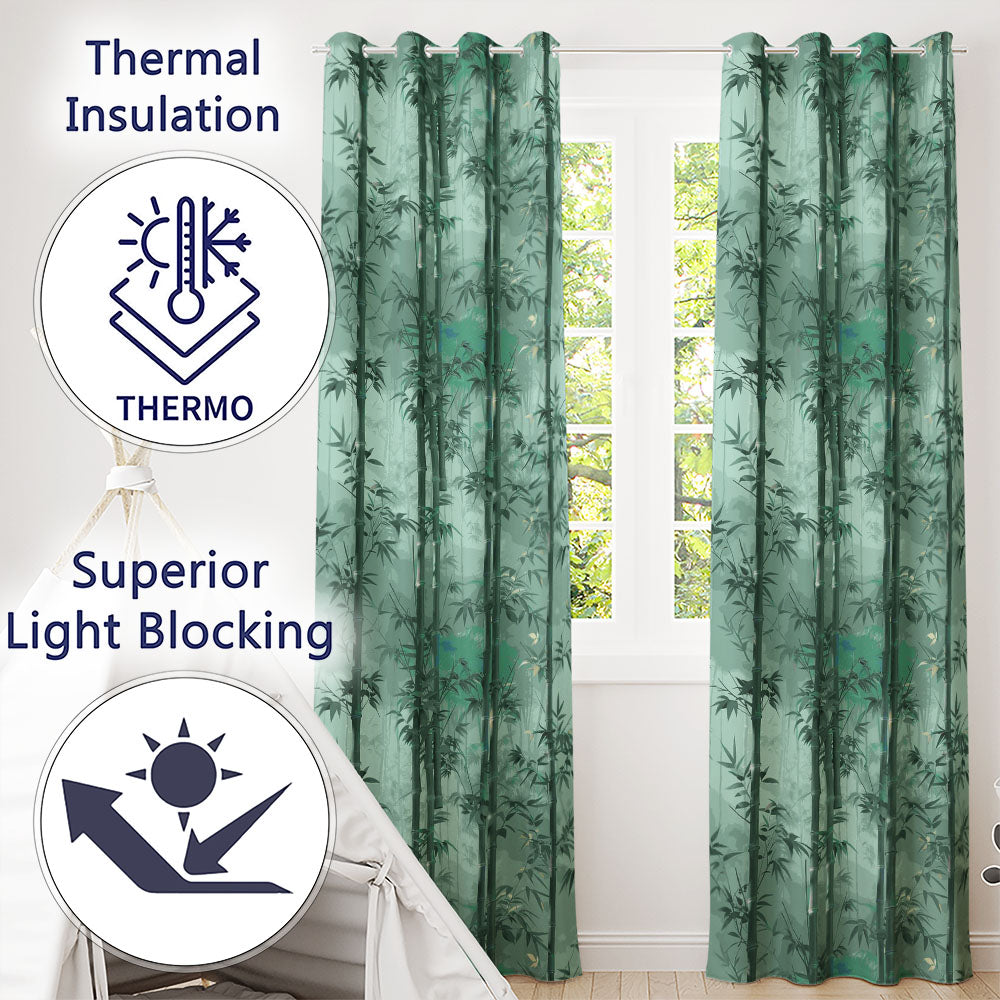 Elegant Bamboo Stalks and Leaves  Pattern Calm Green Botanical Background  Readymade Eyelet Ring Top Thermal 100% Blackout Curtains