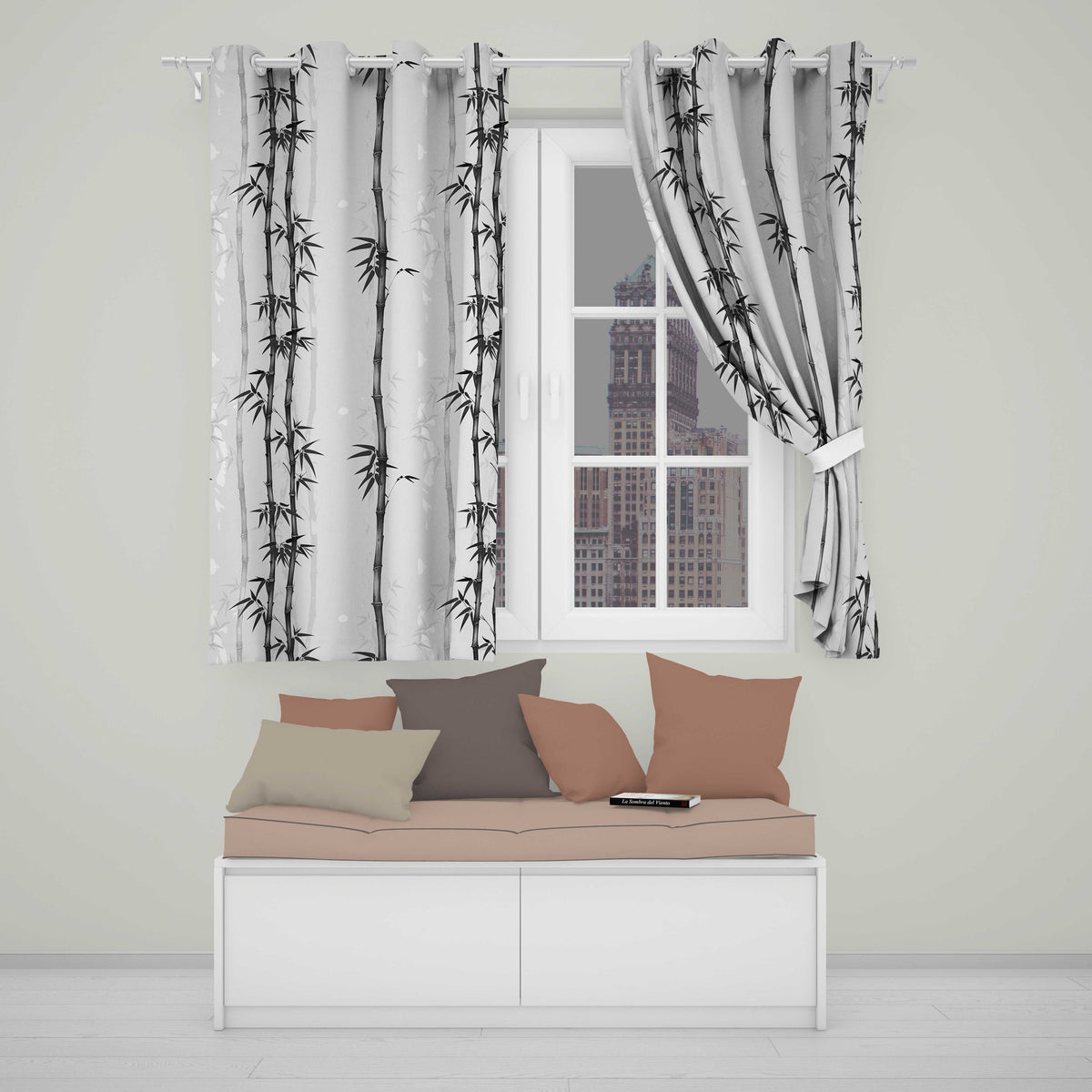Minimalist Black Bamboo with Soft Mist Background Japanese Ink Style Design  Readymade Eyelet Ring Top Thermal 100% Blackout Curtains