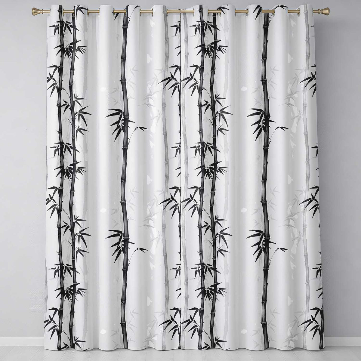 Minimalist Black Bamboo with Soft Mist Background Japanese Ink Style Design  Readymade Eyelet Ring Top Thermal 100% Blackout Curtains