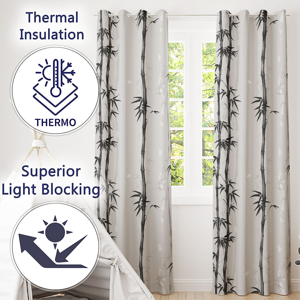 Minimalist Black Bamboo with Soft Mist Background Japanese Ink Style Design  Readymade Eyelet Ring Top Thermal 100% Blackout Curtains