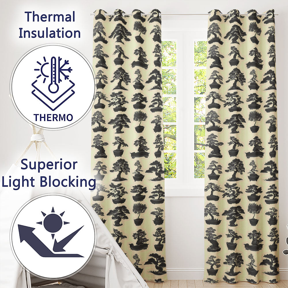 Japanese Bonsai Tree Silhouettes in Pots on Beige Background  Readymade Eyelet Ring Top Thermal 100% Blackout Curtains