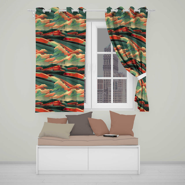 High Speed Train Landscape with Power Lines and Sunset Sky Modern Railway Scene  Readymade Eyelet Ring Top Thermal 100% Blackout Curtains