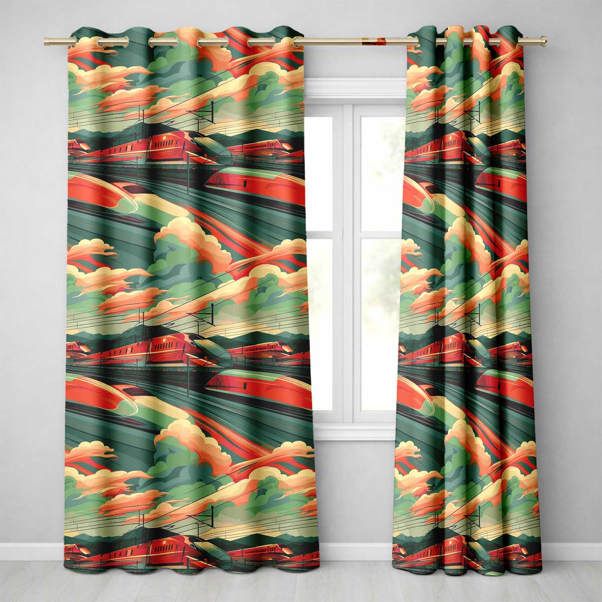 High Speed Train Landscape with Power Lines and Sunset Sky Modern Railway Scene  Readymade Eyelet Ring Top Thermal 100% Blackout Curtains