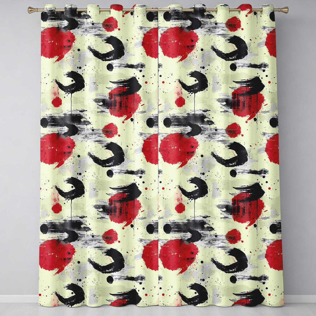 Abstract Japanese Ink Brush Strokes with Red Sun Accents Modern Calligraphy Art  Readymade Eyelet Ring Top Thermal 100% Blackout Curtains