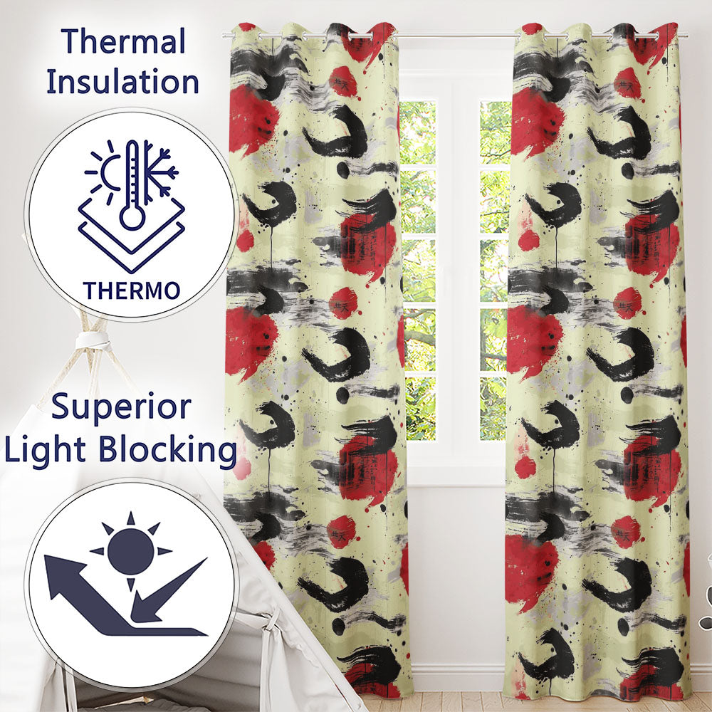 Abstract Japanese Ink Brush Strokes with Red Sun Accents Modern Calligraphy Art  Readymade Eyelet Ring Top Thermal 100% Blackout Curtains