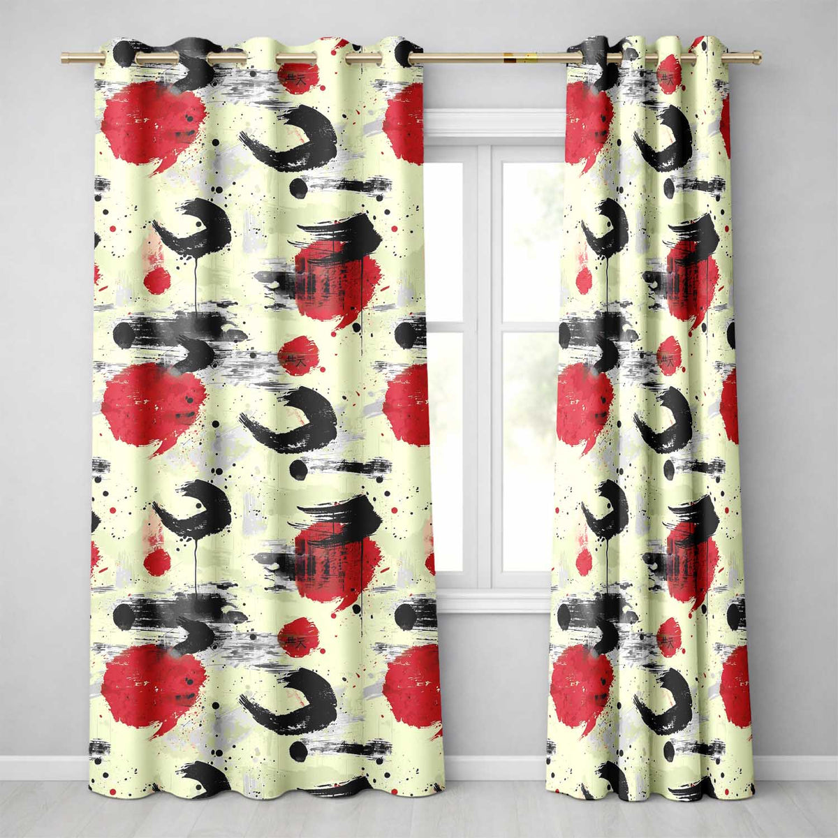 Abstract Japanese Ink Brush Strokes with Red Sun Accents Modern Calligraphy Art  Readymade Eyelet Ring Top Thermal 100% Blackout Curtains