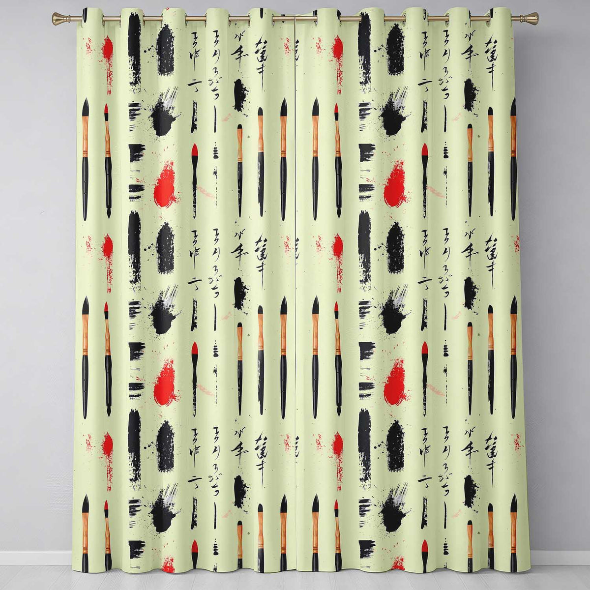 Traditional Japanese Calligraphy Tools and Brush Strokes Layout  Readymade Eyelet Ring Top Thermal 100% Blackout Curtains