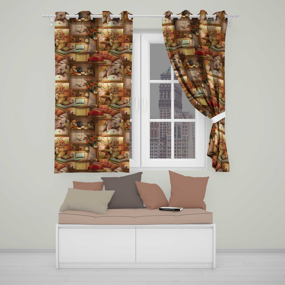 Cozy Japanese Interior with Cats and Cherry Blossoms  Pattern Warm Home Decor  Readymade Eyelet Ring Top Thermal 100% Blackout Curtains