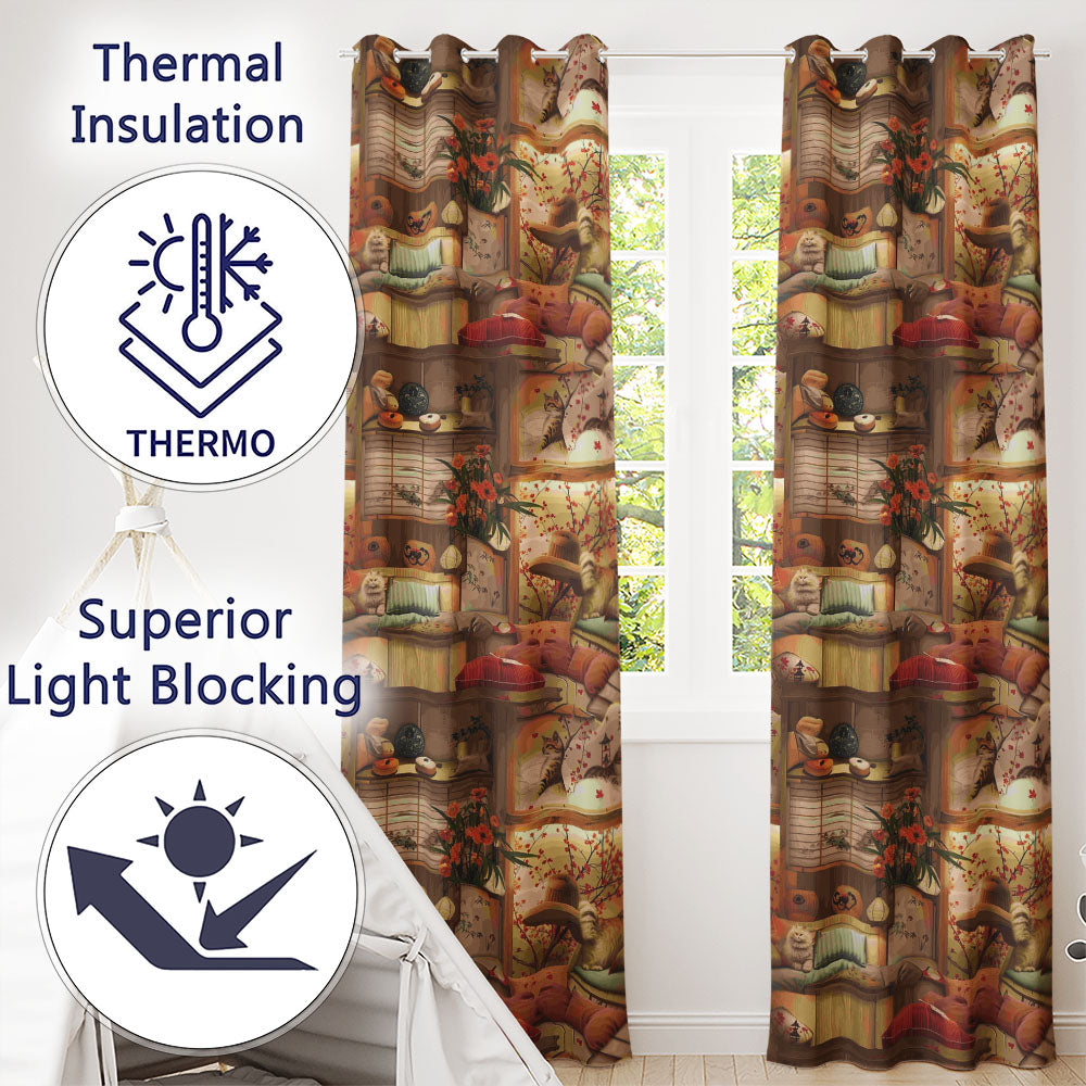 Cozy Japanese Interior with Cats and Cherry Blossoms  Pattern Warm Home Decor  Readymade Eyelet Ring Top Thermal 100% Blackout Curtains