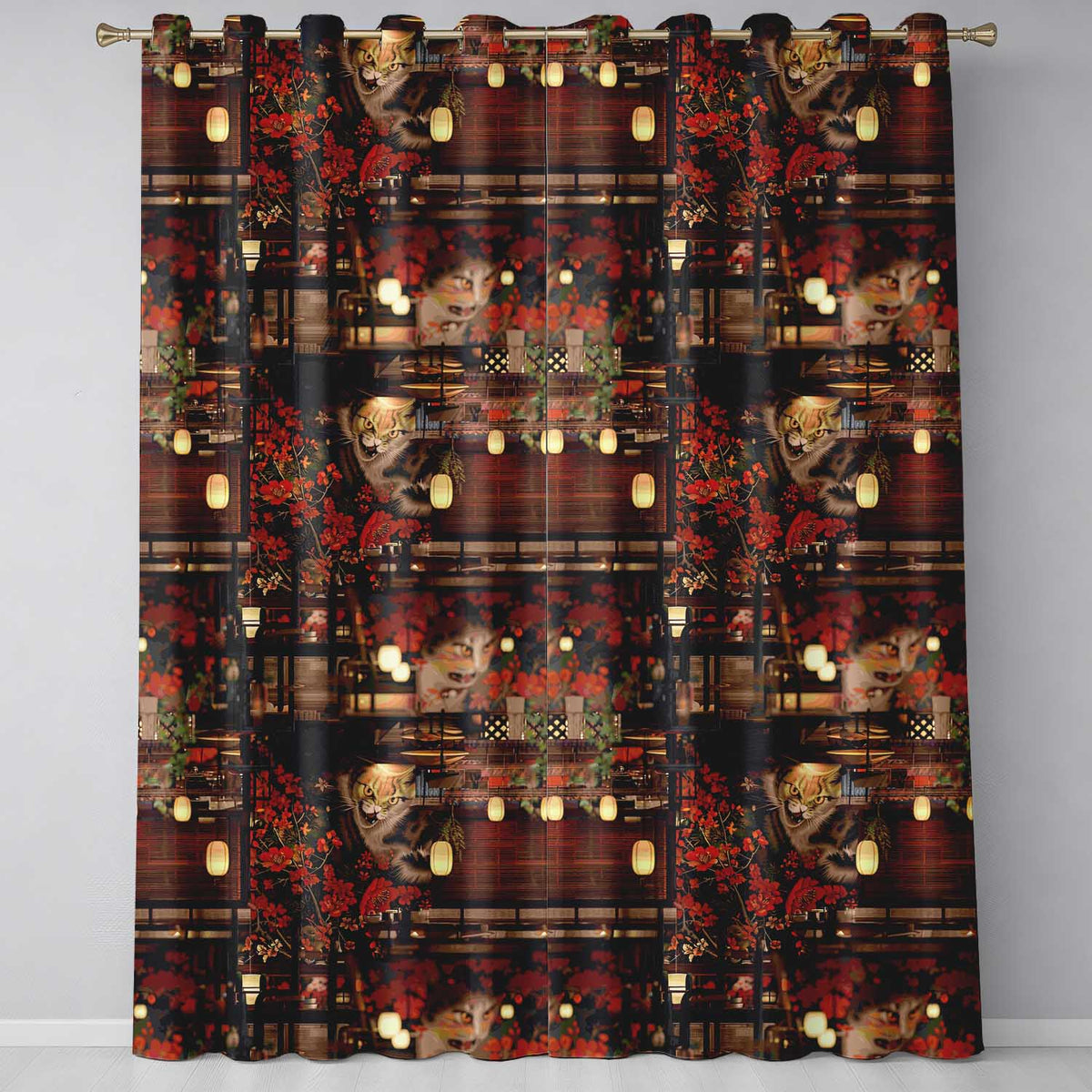Artistic Cat with Red Flowers in Japanese Style Interior   Decorative Textile  Readymade Eyelet Ring Top Thermal 100% Blackout Curtains