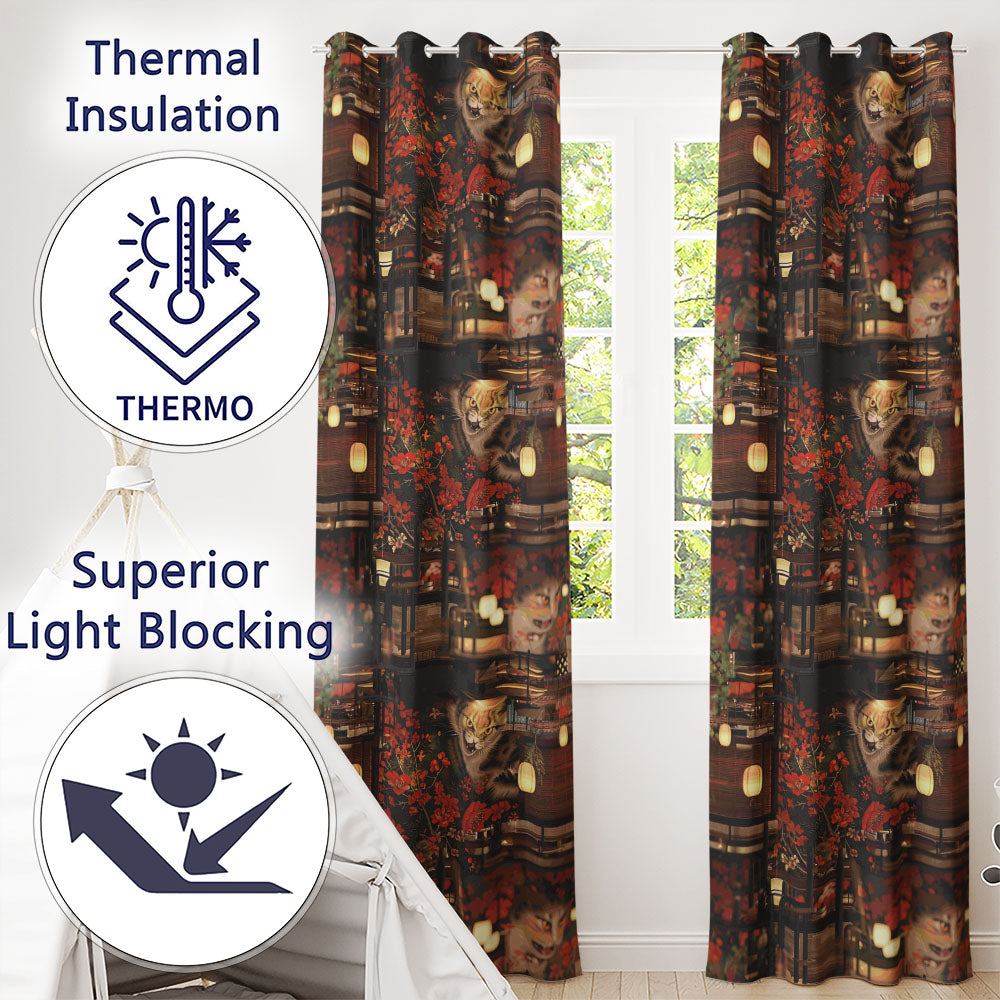 Artistic Cat with Red Flowers in Japanese Style Interior   Decorative Textile  Readymade Eyelet Ring Top Thermal 100% Blackout Curtains